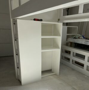 Under the bed loft bed storage. Shelves and drawers.