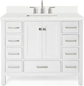 White bathroom vanity with 4 inset doors on each side and double cabinet doors in the middle